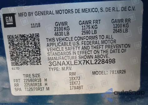 2019 Chevrolet Equinox Lt из США, поврежденный, VIN 3GNAXLEX7KL228498